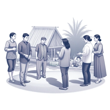 A group of actors is gathered in a village setting, each wearing traditional Filipiniana clothing. One actor wears a vibrant "barong tagalog," an embroidered formal shirt, accompanied by tailored trousers. Another actor is dressed in a "terno," a gown featuring butterfly sleeves, showcasing intricate patterns. The villagers are surrounding them, engaging in traditional activities, such as weaving and preparing local delicacies. The backdrop includes a rustic bamboo hut with a thatched roof and lush greenery surrounding the area. The scene captures a moment of cultural heritage, emphasizing community and tradition.