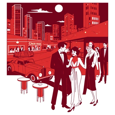 A red vintage postcard showcases a glamorous city nightlife scene from the 1920s. The foreground features elegantly dressed men and women conversing and laughing, with women in flapper dresses adorned with sequins and feathers. In the background, tall buildings adorned with neon lights and art deco architecture dominate the skyline. A classic car is parked along the cobblestone street, while small round tables with patrons enjoying drinks can be seen outside a lively café. The moonlight casts a soft glow over the bustling scene, enhancing the vibrant atmosphere of the city.
