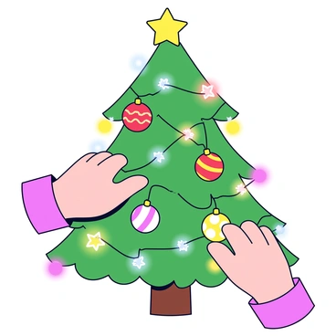 A pair of hands gently hanging colorful ornaments on a Christmas tree. The ornaments are round and shiny, featuring various patterns and colors like red, gold, and green. The tree is adorned with glowing lights that twinkle in multiple hues, casting a warm glow. The branches are lush and full, and a star sits atop the tree.