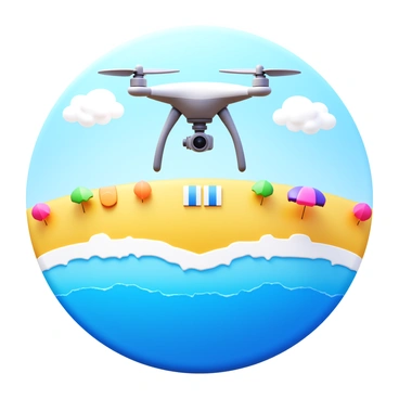 A drone hovering above a sunny beach. The drone is equipped with a camera, facing downwards to capture the ocean waves below. The sandy beach is dotted with colorful umbrellas and beachgoers enjoying the sun. The ocean waves are crashing onto the shore, creating white foam at the water's edge. The sky is clear with a few fluffy white clouds, and the sunlight reflects off the water surface, creating sparkling highlights.
