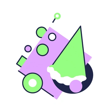 A flat illustration features a composition of geometric shapes. In the center, there is a large triangle, surrounded by several smaller circles and squares. The triangle is pointing upwards, while some circles are arranged at the corners of the squares. The shapes overlap slightly, creating a layered effect. The overall arrangement forms an engaging visual pattern that draws the viewer's attention.