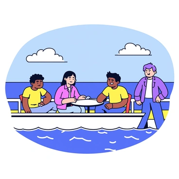 A group of four people is playing deck games on a passenger ferry. The scene takes place on a sunny day, with a bright blue sky and a few fluffy white clouds. Two people are sitting at a small round table, focused intently on their game, while another person stands nearby, watching with a smile. The fourth person is leaning against the railing, enjoying the view of the sparkling water. The ferry features a simple design with a white hull and colorful accents. Sunlight casts shadows of the players and the table on the deck.