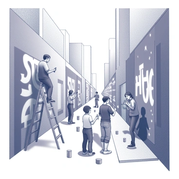 An urban scene where AI graffiti artists are creating stunning street art on walls.