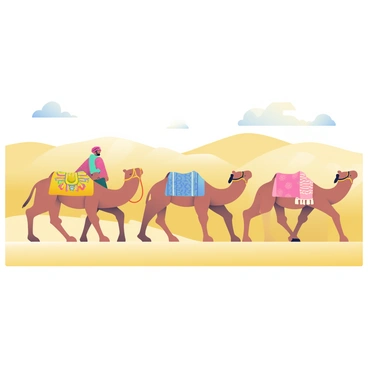 A caravan of five camels is walking through the golden sands of the Thar Desert. The camels have varying shades of brown and are carrying colorful, patterned blankets on their sides. In the background, gentle dunes rise and fall, creating a wave-like appearance in the sand. The sky is clear with a few fluffy white clouds scattered above. A distant silhouette of a caravan leader can be seen guiding the camels, wearing a traditional tunic and turban. The sunlight casts soft shadows on the shimmering surface of the sand.