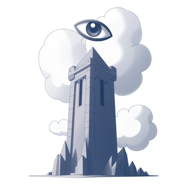 The Eye of Sauron, a large and ominous eye, is positioned at the pinnacle of the Dark Tower. The eye is depicted with sharply defined features, exuding an intense glare that suggests menace and power. The Dark Tower itself is a tall, imposing structure with jagged edges and an angular silhouette, looming against the backdrop. Dark stone walls characterize the tower, and there are intricate designs that suggest an ancient origin. Surrounding the tower, the sky is filled with swirling clouds, enhancing the atmosphere of dread. The scene is stark, emphasizing the presence of the eye as it commands attention from its elevated stance.
