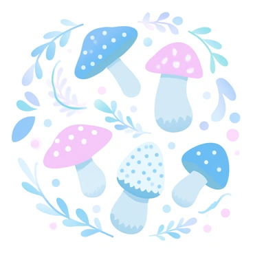 A collection of mushrooms of various shapes and sizes is arranged in a harmonious layout. Each mushroom features distinct characteristics, including colorful caps with patterns and varying textures on the stems. The mushrooms are positioned on a light-colored background that enhances their vibrant hues. Surrounding the mushrooms, there are intricate botanical elements, such as leaves and delicate ferns, accentuating the natural theme. The overall composition is balanced, showcasing the enchanting diversity of the mushrooms in a playful yet detailed manner.