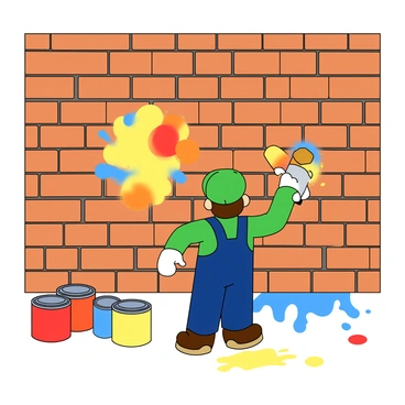 A cartoon character resembling Luigi, with a green cap and blue overalls, is standing in front of a large brick wall. He holds a paintbrush in one hand and is applying bright colors to the wall, creating a vibrant mural filled with various shapes and patterns. Around him are several paint cans of different colors, including red, blue, and yellow. The scene shows splashes of paint on the ground and on the wall, adding to the playful atmosphere of the mural painting.