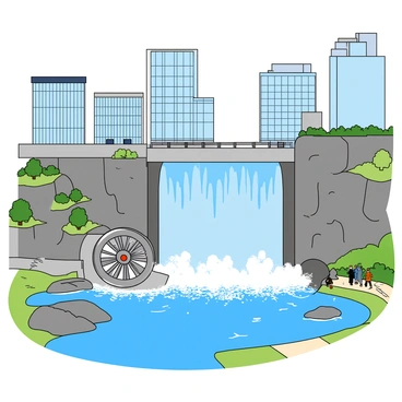 A waterfall running through a modern city, powering a turbine