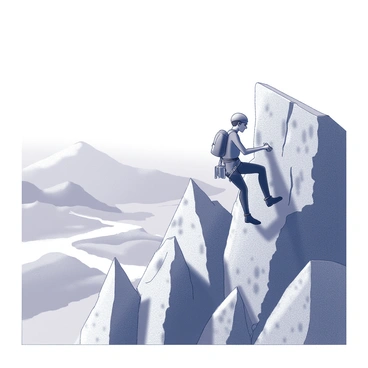 A person is climbing a steep, rocky mountain. The climber is wearing a harness and climbing gear, using both hands to grip the uneven surface of the rocks. The mountain features jagged peaks and rugged textures, showcasing the difficulty of the ascent. In the background, a vast landscape of valleys and distant mountains can be seen, emphasizing the scale of the climb. The climber's expression is one of determination, reflecting the theme of overcoming challenges. The sky above is vast and clear, suggesting a sense of openness and new beginnings.