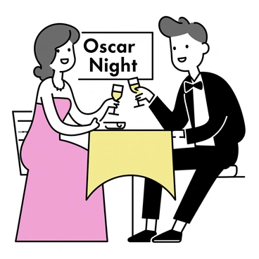 A couple dressed elegantly is sitting at a small round table adorned with a golden tablecloth. The man is wearing a black tuxedo with a bow tie and polished black shoes. He is leaning slightly towards the woman, smiling, as they share a glass of sparkling champagne. The woman is wearing a sleek, floor-length red gown that accentuates her figure, with a delicate silver necklace around her neck. In the background, a large screen displays "Oscar Night" in bold letters. The atmosphere is enhanced by soft, warm lighting, highlighting their joyful expressions as they share this romantic moment.