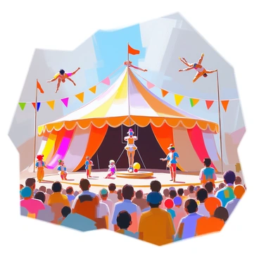 A lively circus performance is taking place under a large, colorful tent. Acrobats are soaring through the air, performing intricate flips and graceful poses against a backdrop of bright banners. One acrobat is hanging from a trapeze, while another performs on a balancing apparatus below. Clowns are scattered throughout the scene, dressed in vibrant costumes and oversized shoes, engaging the audience with playful antics. Some clowns are juggling brightly colored balls, while others are making comical faces. The audience is captivated, eagerly watching the performance unfold. The atmosphere is filled with excitement and energy, as bright lights illuminate the acts.