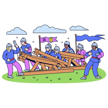 A medieval battle scene with soldiers using levers to operate catapults