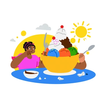 A person sitting at a table, visibly overwhelmed while trying to eat a giant ice cream sundae. The sundae is overflowing with scoops of colorful ice cream, topped with whipped cream, chocolate syrup, sprinkles, and a cherry. The person has a puzzled expression and is holding a large spoon, attempting to dig into the massive dessert. The table is cluttered with empty bowls and a few crumpled napkins. The sun is shining brightly, creating a cheerful atmosphere around them.