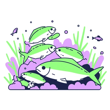 A group of mackerel is swimming together in a coral reef. The mackerel are sleek with elongated bodies and distinct patterns along their sides. They are actively feeding on tiny shrimp that are scattered throughout the water. The coral reef is vibrant, with various shapes and sizes of coral structures providing a habitat. Some coral branches are tall and others are low, creating a diverse underwater landscape. The water is clear, allowing light to penetrate and illuminate the scene. Small fish can be seen darting in and out of the coral, adding life to the environment.