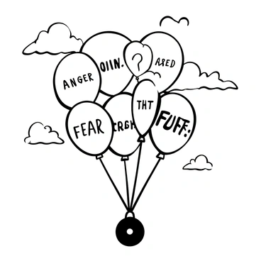A cluster of balloons labeled with the words "anger," "sadness," "fear," and "frustration" is drifting upward into the sky. Each balloon is tethered to a small weight, which is slowly lifting off the ground. Wispy clouds can be seen in the background, adding depth to the scene. The balloons vary in size, creating a dynamic composition as they rise higher into the air.