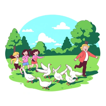 A group of children, dressed in colorful clothing, are playing and chasing a flock of white geese across a green park field. The children have laughter on their faces as they run joyfully, their hair blowing in the gentle breeze. The geese are flapping their wings and waddling quickly, creating a playful scene. In the background, there are a few trees with lush green leaves and a clear blue sky overhead. The sun is shining brightly, casting soft shadows on the grass.