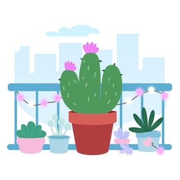A small cactus with spiky green arms is positioned prominently in a terracotta pot. At the top, a single vibrant pink flower blooms, contrasting beautifully against the green. Surrounding the cactus are various other potted plants, including small succulents and colorful flowers. The balcony railing is adorned with small fairy lights, adding a warm ambiance to the garden. A city skyline can be seen in the background, showcasing tall buildings under a clear blue sky.