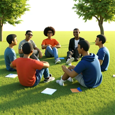 A diverse team of five individuals is sitting in a circle on a lush, green grassy field, engaged in a laid-back discussion. Each person has a relaxed demeanor, wearing casual clothing such as t-shirts and jeans. One person has short black hair, while another has long curly brown hair tied back. A third member has glasses and is wearing a bright red shirt, and the fourth person is dressed in a blue hoodie. The fifth individual, with a buzz cut, is leaning back on their hands, smiling. Scattered around them are notebooks and a few colorful pens. The sun casts a warm glow over the scene, and there are a few trees in the background, providing a peaceful outdoor setting.