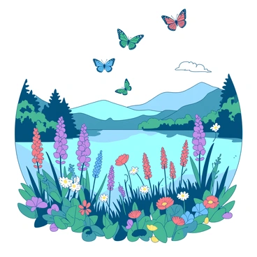A serene lakeside meadow filled with various colorful flowers in full bloom. The flowers are vibrant and diverse, with both tall stalks and low-lying blossoms. Overhead, several butterflies are fluttering gracefully among the flowers. The butterflies are vividly colored, showcasing a mix of patterns as they move through the air. In the background, the calm surface of the lake reflects the surrounding scenery, adding to the picturesque setting.