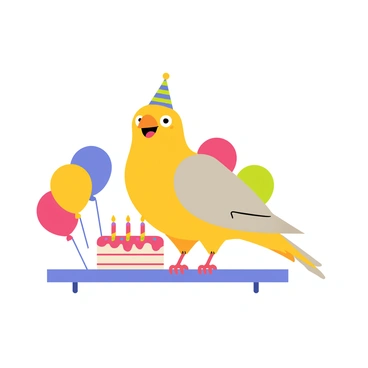 A cockatiel with bright yellow and gray feathers is perched on a small table, happily celebrating a birthday. In front of the cockatiel, there is a round birthday cake with pink frosting and colorful sprinkles. Surrounding the cake are several brightly colored balloons, including red, blue, green, and yellow. The cockatiel has a small party hat on its head, adding to the festive atmosphere. The scene is lively and cheerful, capturing the joyous spirit of the birthday celebration.
