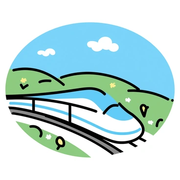 A sleek Shinkansen bullet train, featuring a streamlined white and blue exterior, is moving swiftly along the tracks. The train is surrounded by a vibrant green countryside, with rolling hills in the background and patches of yellow and white wildflowers dotting the landscape. A clear blue sky above enhances the scene, with a few fluffy white clouds scattered across it. The track beneath the train curves gracefully, emphasizing the speed and elegance of the bullet train as it travels through the picturesque environment.