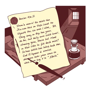 A personal letter written on aged, yellowed parchment, with elegant cursive handwriting in dark ink. The letter is addressed in the top left corner, with a wax seal depicting an intricate design partially attached, hinting at a time of formality. The content discusses "life under black codes," detailing the struggles and restrictions faced by individuals during this era. The writer expresses a sense of despair and determination, outlining the daily challenges and limitations imposed by the laws. The background features a wooden desk with an ink bottle and quill, along with a faint outline of an old-fashioned room with dim light filtering through a small window.