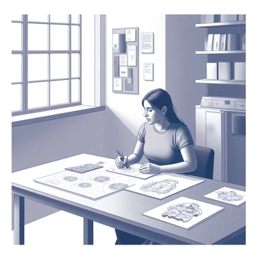 Anjelica is sitting at a large, wooden desk. She has long hair pulled back in a neat ponytail. Her focused expression conveys concentration as she sketches. Various fashion design sketches are spread across the desk, showcasing intricate patterns and clothing details. The studio is filled with natural light streaming through large windows, illuminating the space. There are shelves lined with fabric swatches in various textures and a mood board with fashion inspiration pinned on the wall behind her.