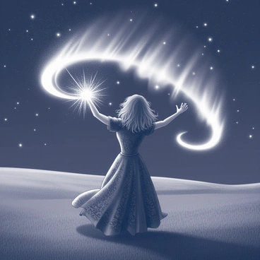 A witch stands in a dark, open field under a star-filled night sky. She is dressed in a flowing gown adorned with intricate patterns. Her arms are raised high as she casts spells, with her fingers elegantly positioned, directing energy towards the atmosphere. Magical sparks swirl around her, illuminating her silhouette. In response to her incantation, luminous auroras begin to form in the sky, displaying dynamic shapes and curves that dance across the darkness. The contrast between the witch and the vibrant display creates a captivating scene of magical transformation.