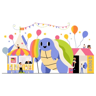 A blue Blastoise with large shells is standing happily at a carnival. Surrounding it are vibrant, colorful balloons in various shapes and sizes floating in the air. There are game booths showcasing simple games like ring toss and balloon darts, adorned with bright signs. Blastoise is holding a large rainbow balloon, smiling cheerfully. Festive decorations like streamers and fairy lights hang overhead, adding to the lively atmosphere. People can be seen enjoying the carnival in the background, contributing to the joyful scene.