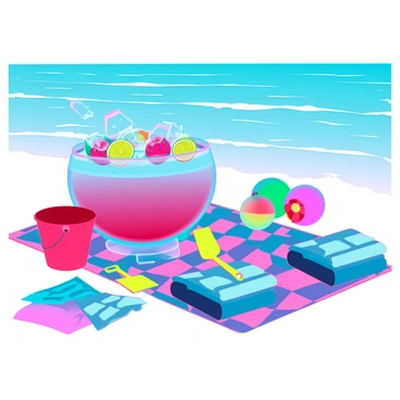 A vibrant beach picnic scene featuring a large punch bowl filled with colorful fruit and ice. The punch bowl is placed on a bright checkered picnic blanket spread across the sand. Surrounding the punch bowl are various beach toys, including a red plastic bucket, yellow shovels, and colorful beach balls partially buried in the sand. There are several towels in different colors and patterns, some neatly folded and others casually draped over the sand. In the background, gentle waves are rolling towards the shore under a clear blue sky, completing the beach atmosphere.