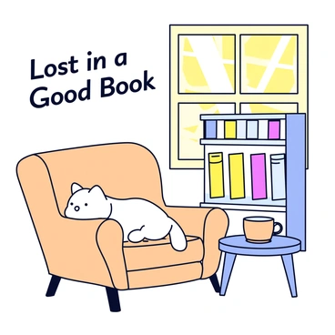 A cozy reading nook with a comfortable armchair in soft beige fabric. A small, round table is beside the chair, holding a steaming mug of tea. A fluffy white cat is curled up on the chair, sleeping peacefully. Behind the chair, there are bookshelves filled with colorful books. A large window is letting in warm sunlight, illuminating the space. The caption "Lost in a Good Book" is positioned elegantly above the scene in a playful font.