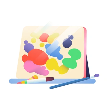 A bright artist's palette is displayed prominently in the center. The palette is made of light wood and features a variety of paint colors splashed across its surface. There are vivid shades of red, blue, yellow, green, and purple arranged in a random pattern. Some of the paint is still wet, glistening under the light. A few paintbrushes with colorful bristles are placed beside the palette, hinting at recent use. The background is softly blurred, ensuring focus remains on the vibrant colors of the palette.