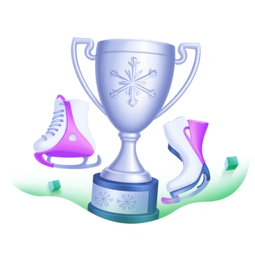 A winter sports trophy, or "pokal," gleaming in silver with intricate carvings. The trophy is adorned with detailed "snowflakes" delicately etched around its base. Two "ice skates" are attached to the sides of the trophy, appearing as if they are elegantly positioned to showcase the winter theme. The background is a soft pastel, allowing the trophy's features to stand out prominently.