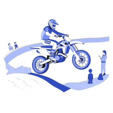 A BMW motorcycle is airborne as it jumps over a dirt track during a motocross race. The rider is wearing protective gear, including a helmet, gloves, and a brightly colored jersey. The motorcycle features aggressive design elements, such as knobby tires and a streamlined body. Dust and debris are kicked up beneath the bike, creating a dynamic scene. In the background, several spectators watch the action from behind a safety barrier, while the track curves and extends into the distance.