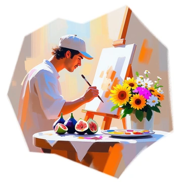 An artist with medium skin and curly hair is deeply focused as they paint a still life composition featuring fresh figs and vibrant flowers. The scene is set in a sunlit outdoor area, where warm sunlight casts soft shadows. The figs are arranged on a wooden table, their purple and green skins glistening in the light, while a bouquet of colorful flowers, including sunflowers and daisies, complements the arrangement. The artist holds a brush in one hand and gazes at the subjects before them, with a palette of paints resting beside them. The artist is wearing a loose-fitting shirt and has a cap shielding them from the sun.