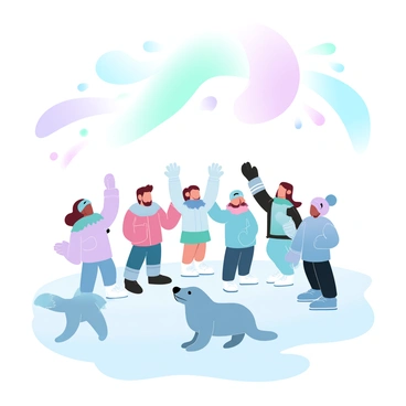 A group of children bundled in colorful winter clothing are standing on a snowy landscape, their attention directed upwards. Above them, vibrant "northern lights" in shades of green, purple, and blue dance across the night sky. The ground is covered in a thick layer of white snow, glistening under the ethereal glow. In the foreground, a couple of "polar animals," such as a playful seal and a curious arctic fox, are positioned nearby, adding life to the scene. The overall atmosphere is one of wonder and excitement as the children gaze in awe at the spectacular natural display.