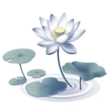 A detailed depiction of a lotus flower in full bloom. The petals of the flower are layered and slightly curled, showcasing a delicate texture. The center of the flower reveals a cluster of yellow stamens. Surrounding the lotus, large green leaves are visible, some floating on the water, while others rise above the surface. The background features gentle ripples, suggesting calm water. The overall composition highlights the elegance of the lotus.