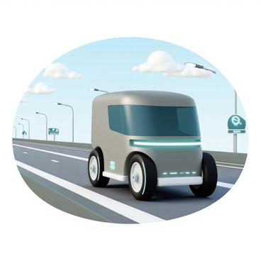 A futuristic semi-truck with sleek lines and a streamlined design is driving on a highway. The truck features a glossy metallic exterior with integrated LED lights, giving it a modern appearance. Its wheels are oversized, with a unique tread pattern designed for optimal performance. The highway is lined with advanced infrastructure, including illuminated signs and energy-efficient lampposts, while the sky above is clear with a few fluffy clouds. The truck’s cab has a panoramic windshield, providing a wide view of the road ahead.