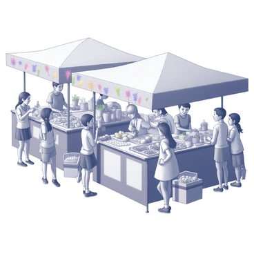 A bustling marketplace filled with a variety of stalls. Each stall has vendors displaying their goods, including fruits, vegetables, and handmade crafts. Children are seen interacting with the vendors, some reaching out to touch the items while others are engaged in conversation. The atmosphere is lively, with people moving about and exchanging items. A few children are holding bags filled with their purchases, while others are smiling and enjoying the experience. There are various goods on display, such as baskets filled with produce and vibrant decorations hanging above the stalls.