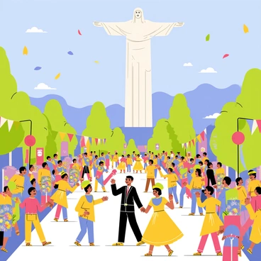 A view of "Christ the Redeemer" statue towering in the background, with its arms outstretched. In the foreground, a vibrant Rio Carnival parade unfolds, filled with people dressed in colorful costumes adorned with feathers and sequins. The crowd holds bright flags and dances joyfully. A variety of floats decorated with flowers and lights roll through the street, enhancing the festive atmosphere. Confetti falls from the sky, adding bursts of color throughout the scene. The sky is clear and blue, providing a lively backdrop to this energetic celebration.