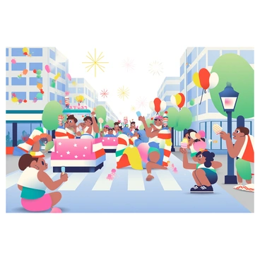 A bustling city street filled with a 4th of July parade and spectators