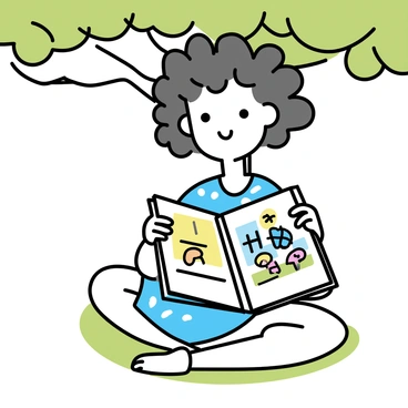 Hermine, a young girl with curly hair, is sitting cross-legged on soft grass beneath a leafy green tree. She is wearing a light blue dress with white patterns. In her hands, she holds a large, colorful book open, capturing her full attention. The book's pages display vibrant illustrations filled with various fantastical elements. Sunlight filters through the tree branches, casting dappled shadows on the ground around her.
