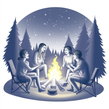 A group of friends is gathered around a campfire. The flames flicker brightly, casting a warm glow on the faces of the friends. They sit on logs and camping chairs, leaning in toward the fire as they share stories. Above them, a clear night sky is filled with numerous stars, creating a striking backdrop. The friends appear engaged and animated, with some smiling and others laughing. The surrounding nature includes tall trees silhouetted against the light of the fire and stars.