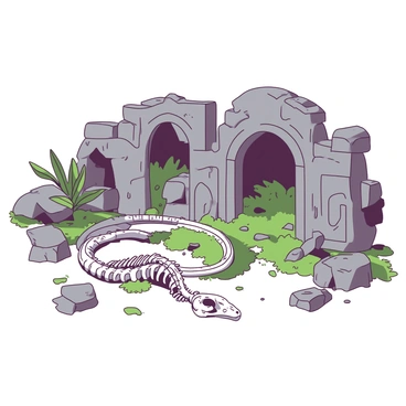 A white snake skeleton is lying among the gray stones of crumbling ancient ruins. The bones are partially covered with moss, blending with the natural environment. Surrounding the skeleton are scattered fragments of weathered stone walls and faded carvings, hinting at a once-grand structure. In the background, there are hints of lush green vegetation creeping through the cracks of the ruins, creating a contrast with the skeletal remains. The scene is illuminated by soft, diffused light, enhancing the textures of the stones and the delicate structure of the skeleton.