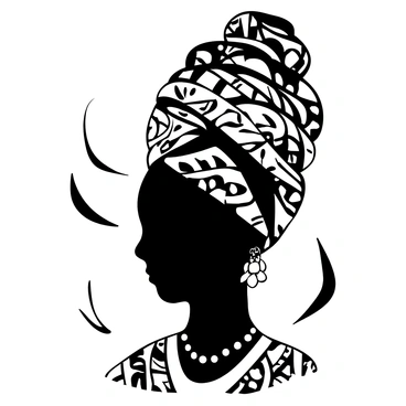 A portrait of an African woman wearing a colorful turban. The turban is intricately wrapped, showcasing a variety of patterns and textures. The woman is adorned with traditional jewelry, including earrings and necklaces that complement the turban. She is dressed in a beautifully patterned garment, adding to the richness of her attire. The background features soft, abstract shapes that enhance the focus on the woman. The overall composition captures the elegance and grace of her presence.