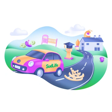 A modern pastel illustration of a car labeled "SudLife" driving along a winding road. The car is vibrant and eye-catching, featuring a cheerful color scheme. Along the sides of the road, various scenes depict different life stages: a nursery with a crib for infancy, a schoolhouse for childhood, a graduation cap on a podium for adulthood, and a retirement home with rocking chairs for old age. Each scene is distinct, filled with colorful details that reflect the milestones of life. The backdrop includes rolling hills and a clear blue sky, enhancing the sense of a journey through time.