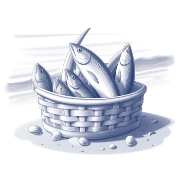 A woven basket made of natural fibers rests on a sandy beach. The basket is filled with several freshly caught fish, their scales glistening in the sunlight. The fish vary in size, showcasing a mix of species, with prominent fins and tails. The sandy beach features a few scattered seashells and small pebbles surrounding the basket. In the background, gentle waves lap at the shore, adding texture to the scene.