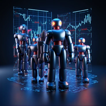 A composition featuring various "robots" depicted in a sleek, metallic design, each with glowing features and intricate details. The robots are surrounded by "AI symbols," such as neural networks and circuit patterns, seamlessly interwoven into the scene. In the background, "stock market graphs" are prominently displayed, featuring lines and bars in various colors, indicating fluctuating trends. "Data streams" flow through the image, represented by dynamic lines and numbers that pulse and swirl around the robots and symbols, creating a sense of movement and complexity.