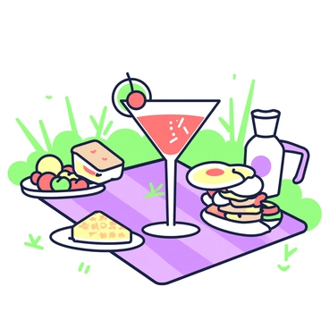 A negroni cocktail sits on a colorful blanket spread out on the grass. The cocktail is served in a clear glass with a slice of orange and a cherry resting on top. Surrounding the glass, there are various food items arranged on the blanket, including a small platter of cheese and crackers, a bowl of fruits, and a sandwich cut in half. In the background, there are hints of greenery and other picnic utensils, adding to the atmosphere of a summer picnic.