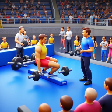 A fitness competition scene with individuals participating in a dumbbell row event. One athlete is intensely focused, gripping a dumbbell in each hand while performing the row. A judge, holding a clipboard, observes the athlete's technique closely. The venue is filled with gym equipment and banners displaying the event's logo. Spectators are watching from the sidelines, some cheering, while others take notes. The lighting highlights the athletes' determination and effort.
